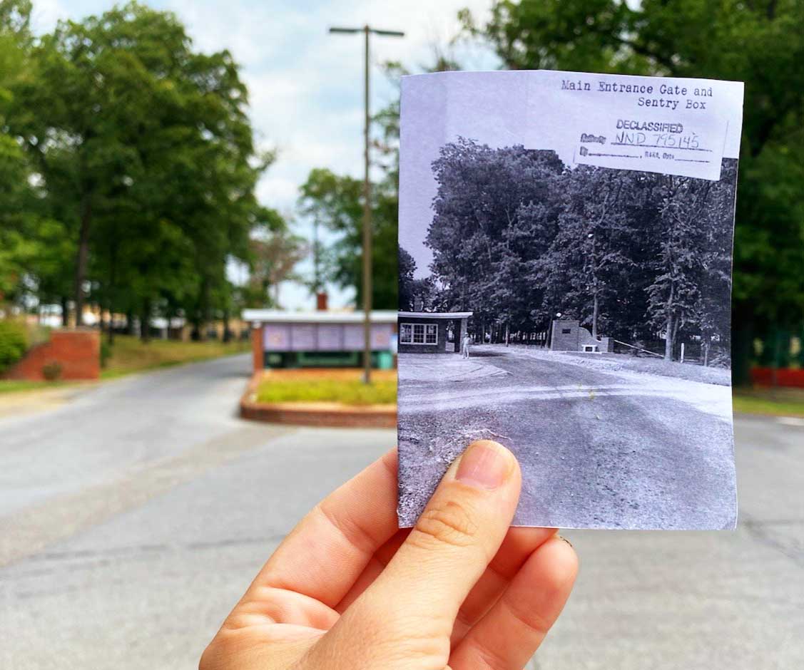 A now and then photo are the main gate at Martinsburg VA Medical Center