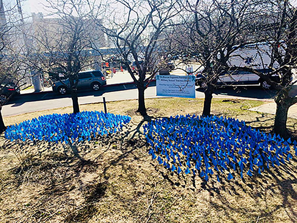 Photo of flag display at VA Boston for Sexual Assault Awareness Month 2021. The flags on the left represent the number of women MST survivors at VA Boston; the flags on the right represent the number of male survivors.