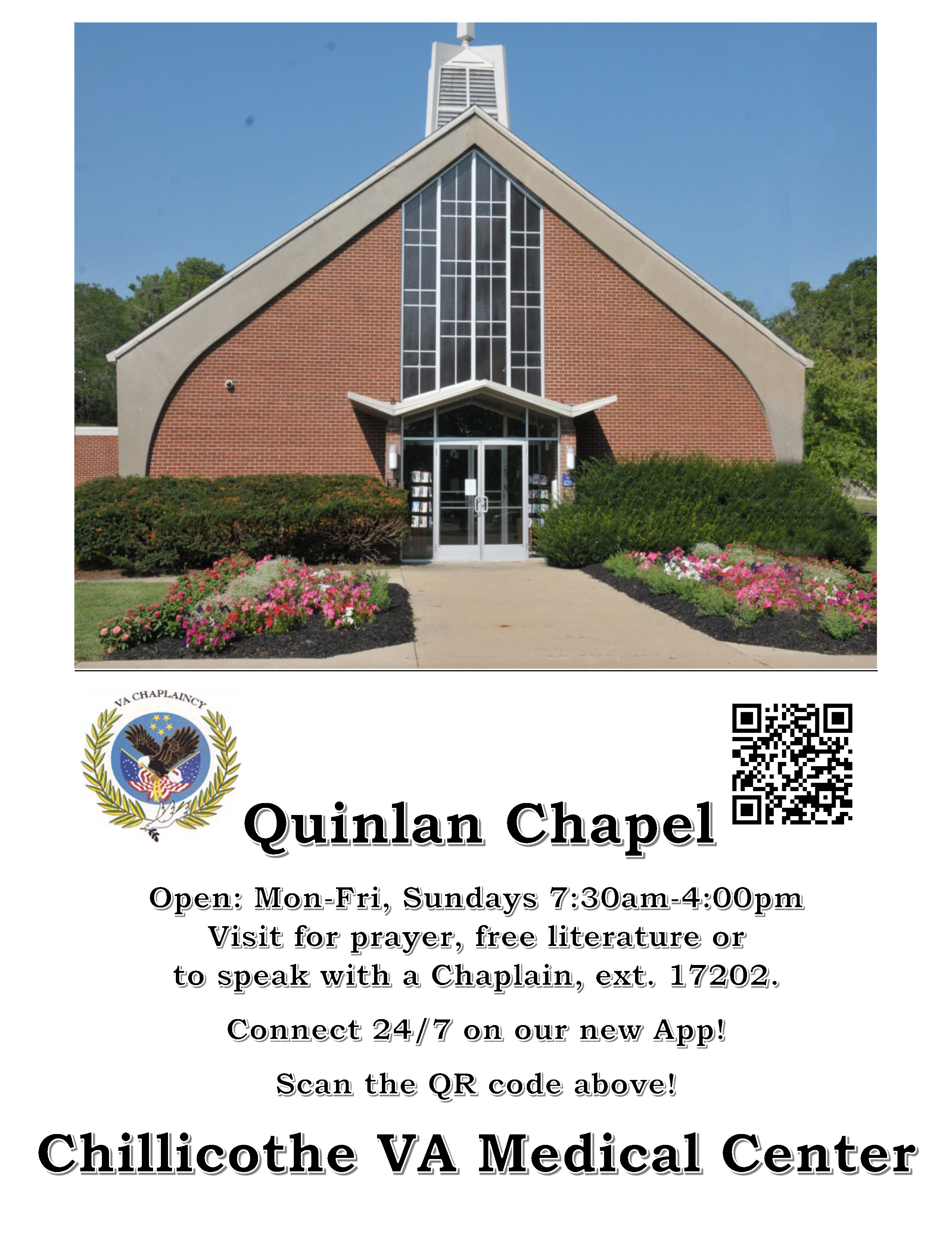 Quinlan Chapel Flyer, hours of operation, Monday through Friday, 730 to 400, Sundays, 730 to 400
