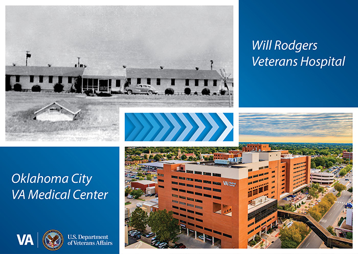 Will Rodgers Veterans Hospital historical photo and Oklahoma City VA Medical Center on a blue background.