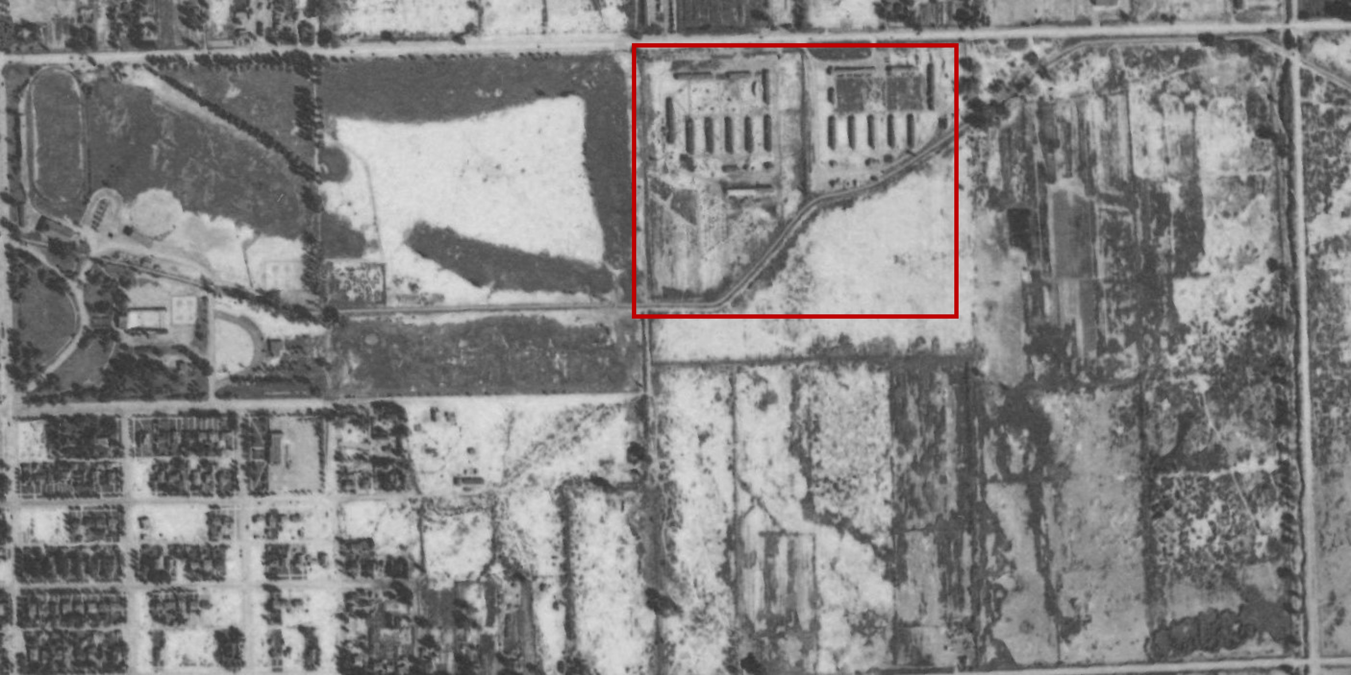 1937 aerial of Grand Junction showing the Civilian Conservation Corps’ Department of Grazing Camp, GR-2, just east of Lincoln Park.