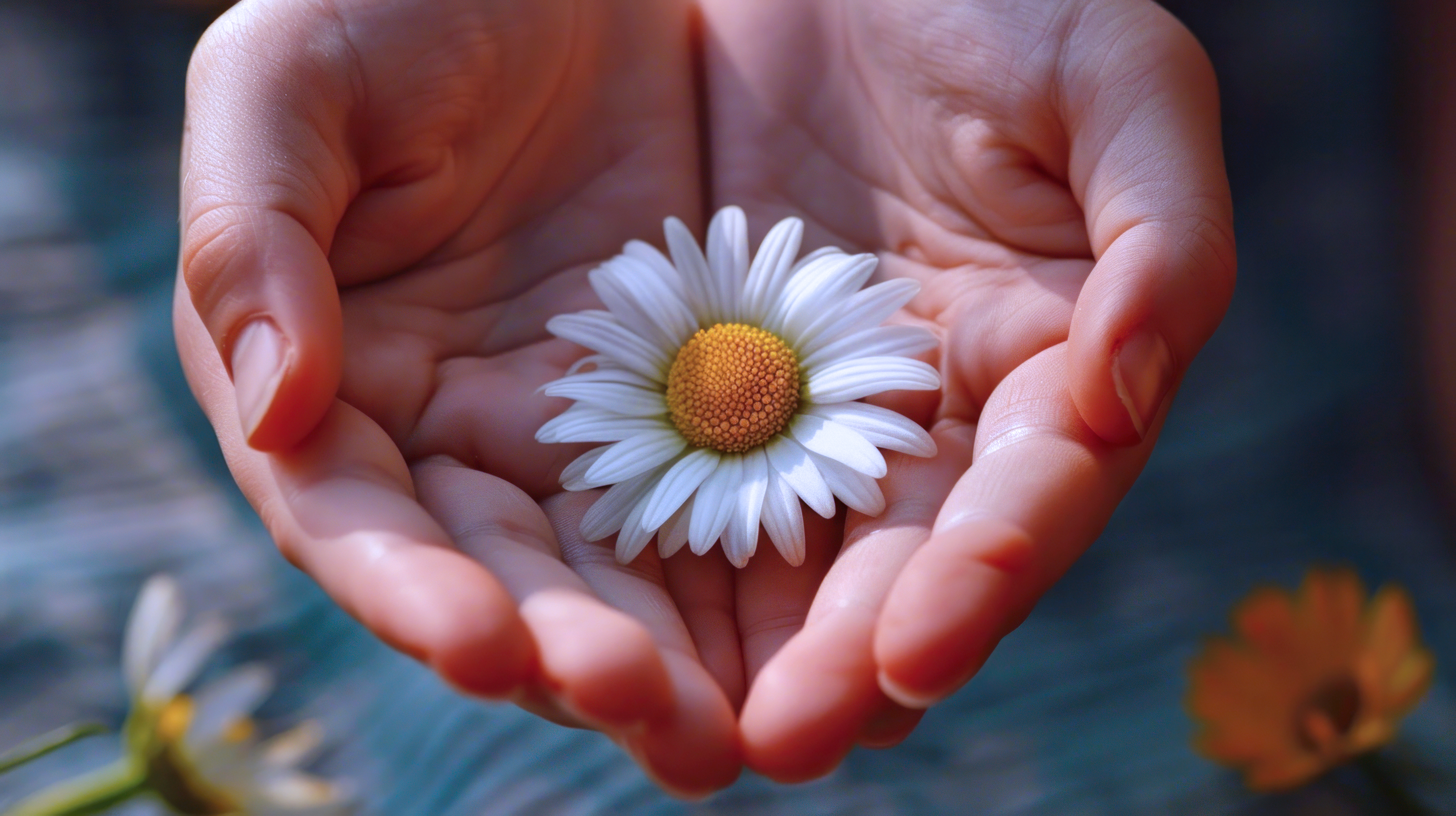 Small white daisy held in the palm of 2 hands