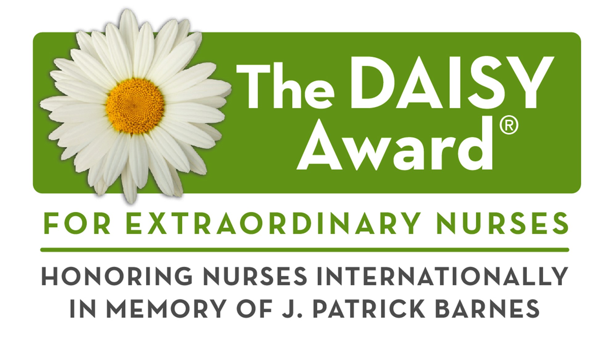 The DAISY Award main logo with a white daisy, and wording honoring the memory of J Patrick Barnes