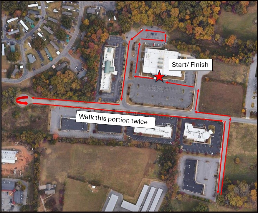 A map detailing the route for the VA2K at Clarksville VA Clinic on May 21, 2025.
