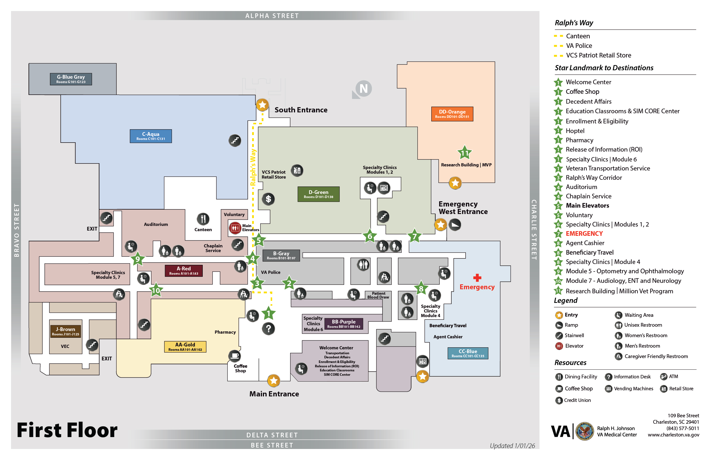 Map of first floor with rooms and hallways labeled.