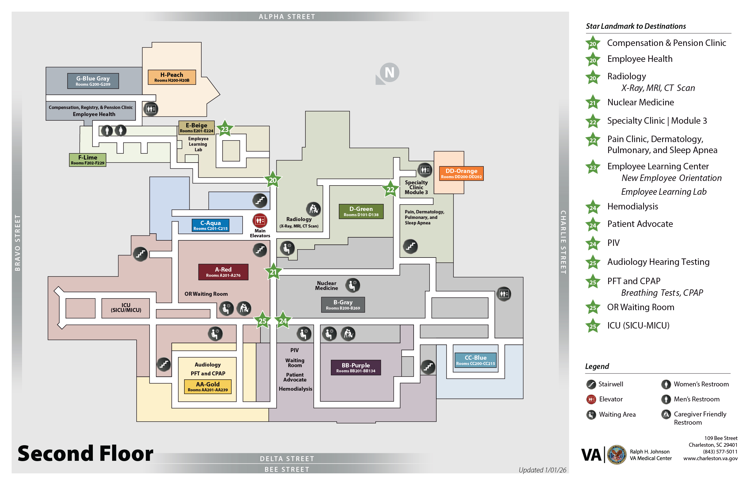 Graphic floor map of a hospital with key and legend.