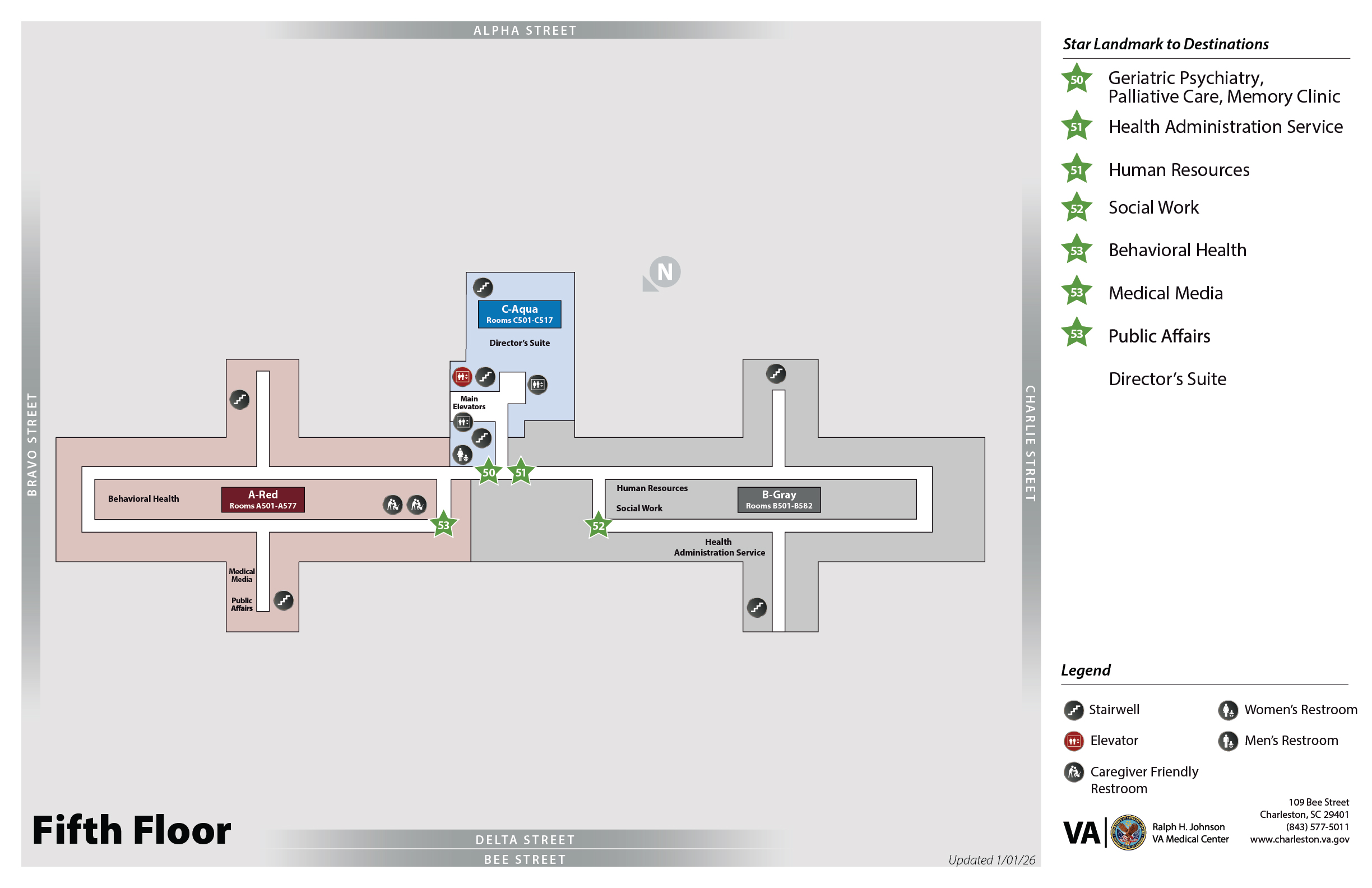 Map of fifth floor with room numbers and locations of offices and resources.