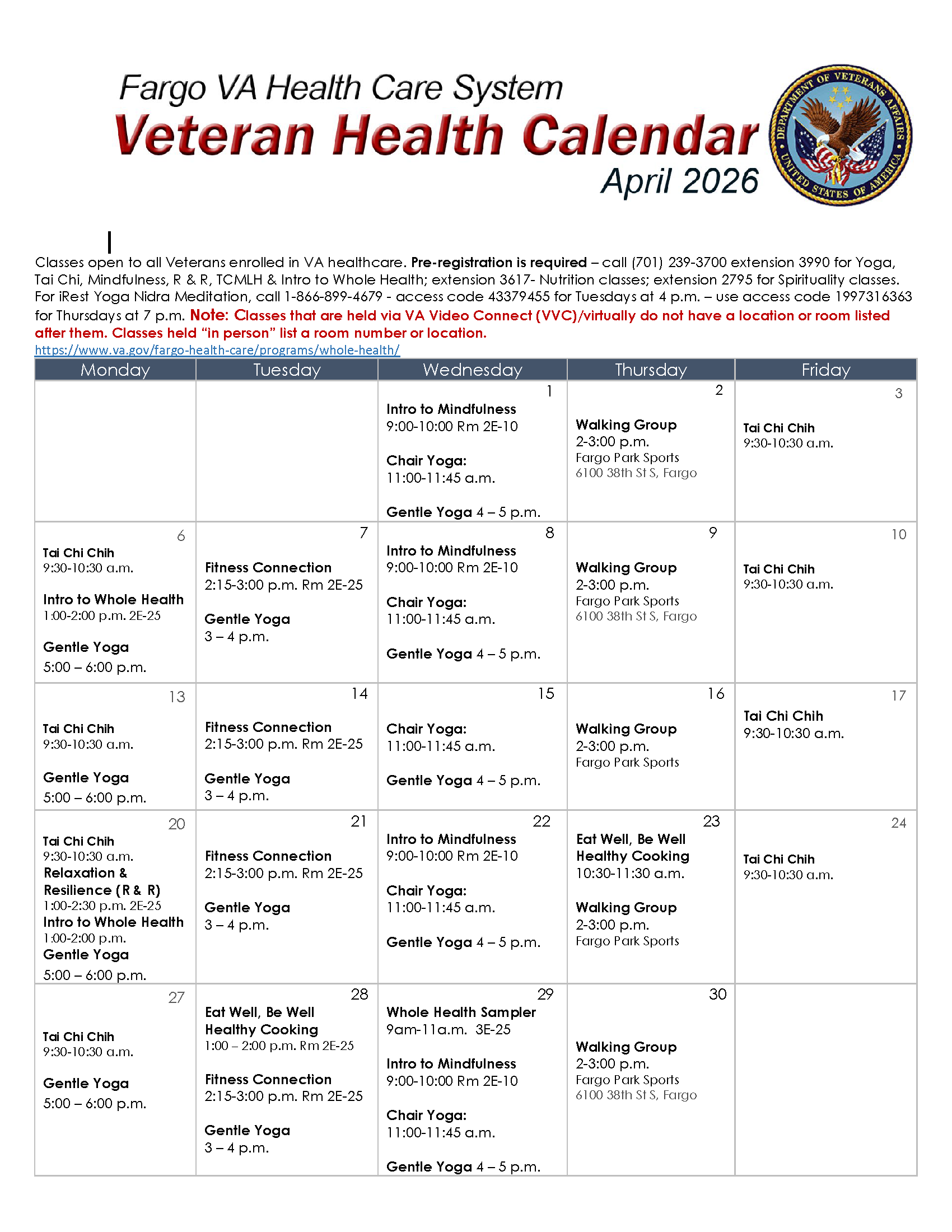 Fargo VA Health Care System Veteran Health Calendar April 2026, with VA logo and schedule.