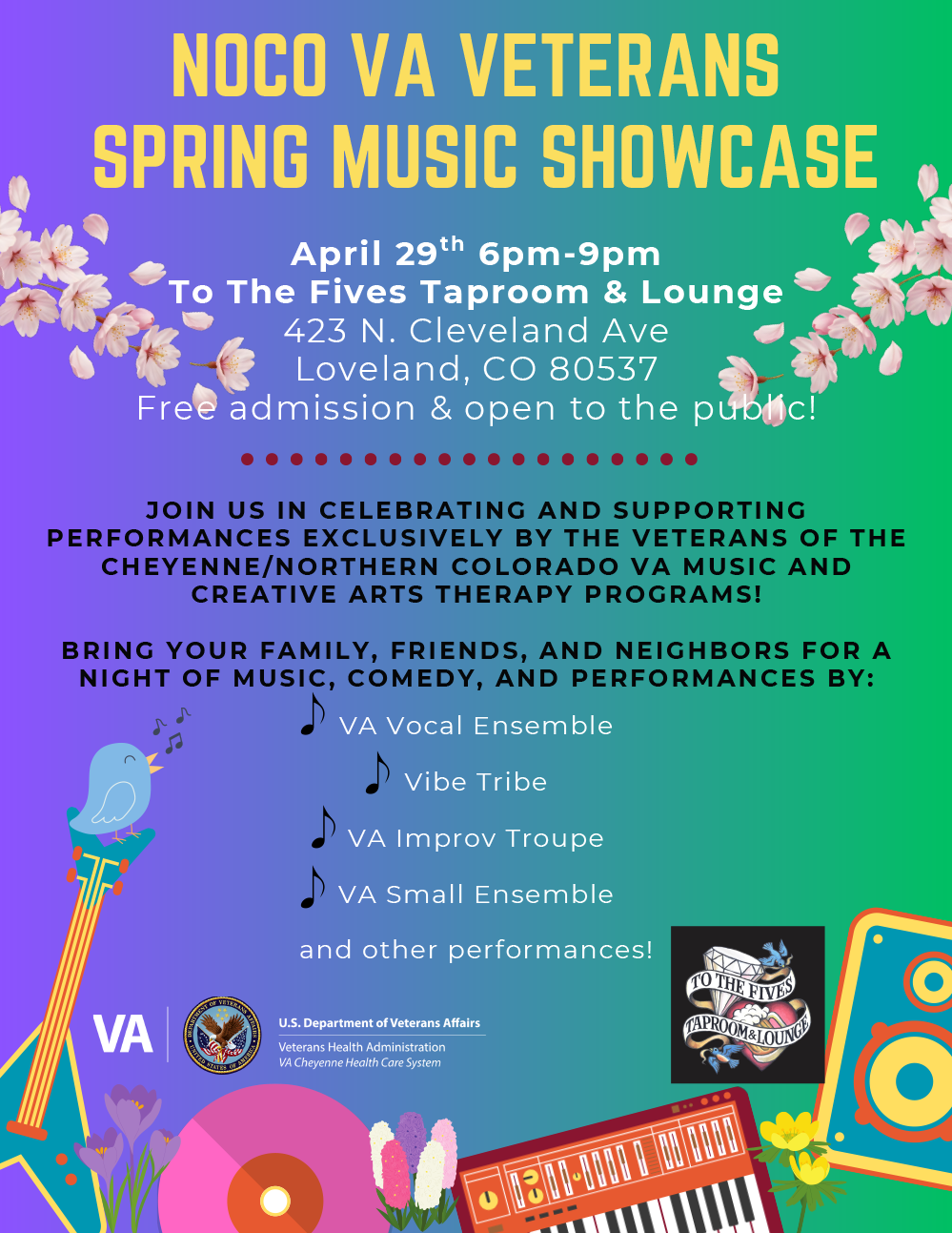 Poster for NoCo VA Veterans Spring Music Showcase on April 29th.
