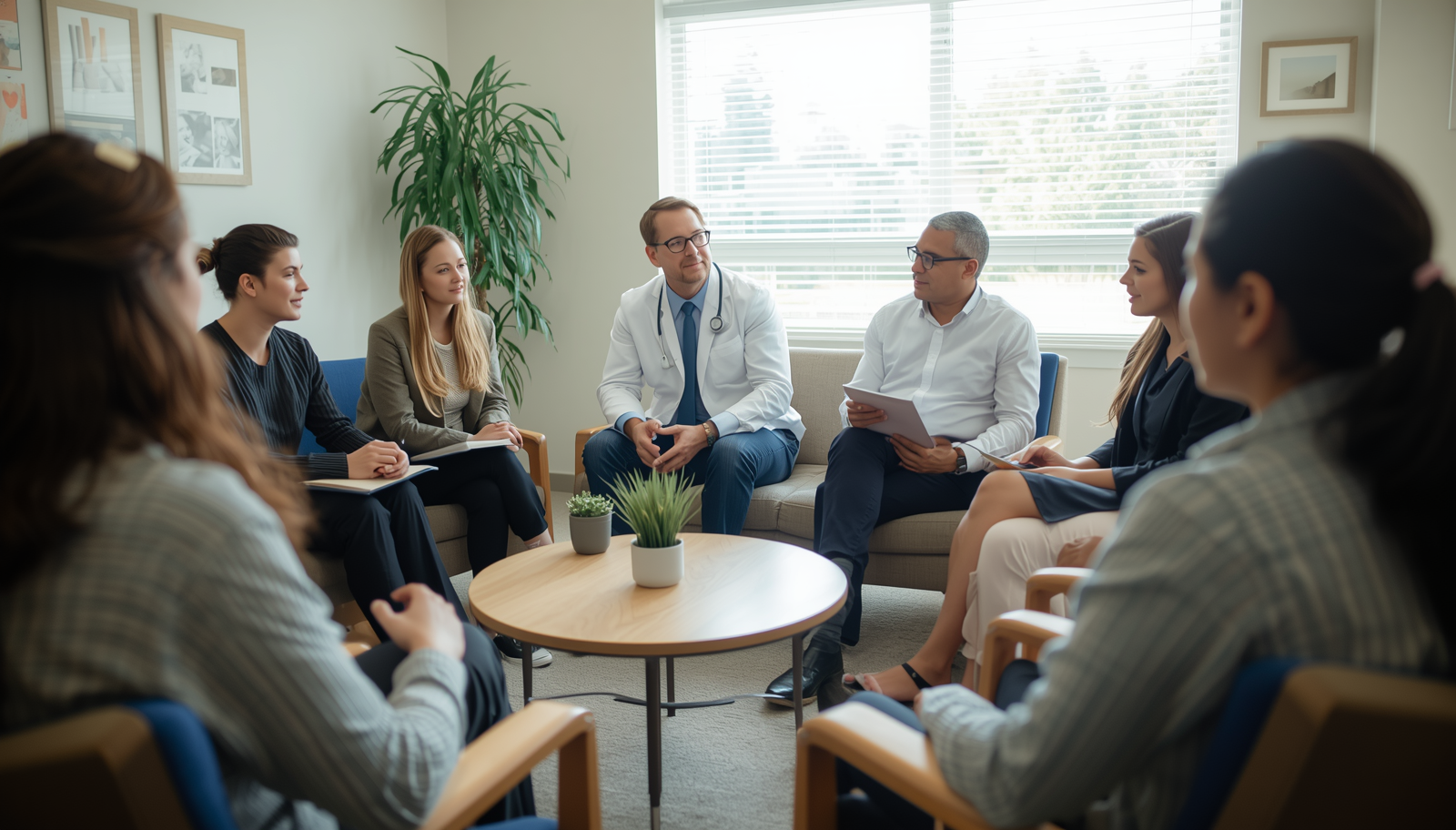 Group of people sitting in a circle discussing.