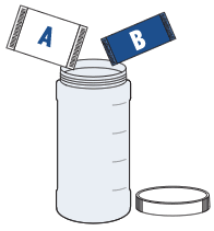 Two labeled pouches, A and B, being poured into a water bottle.