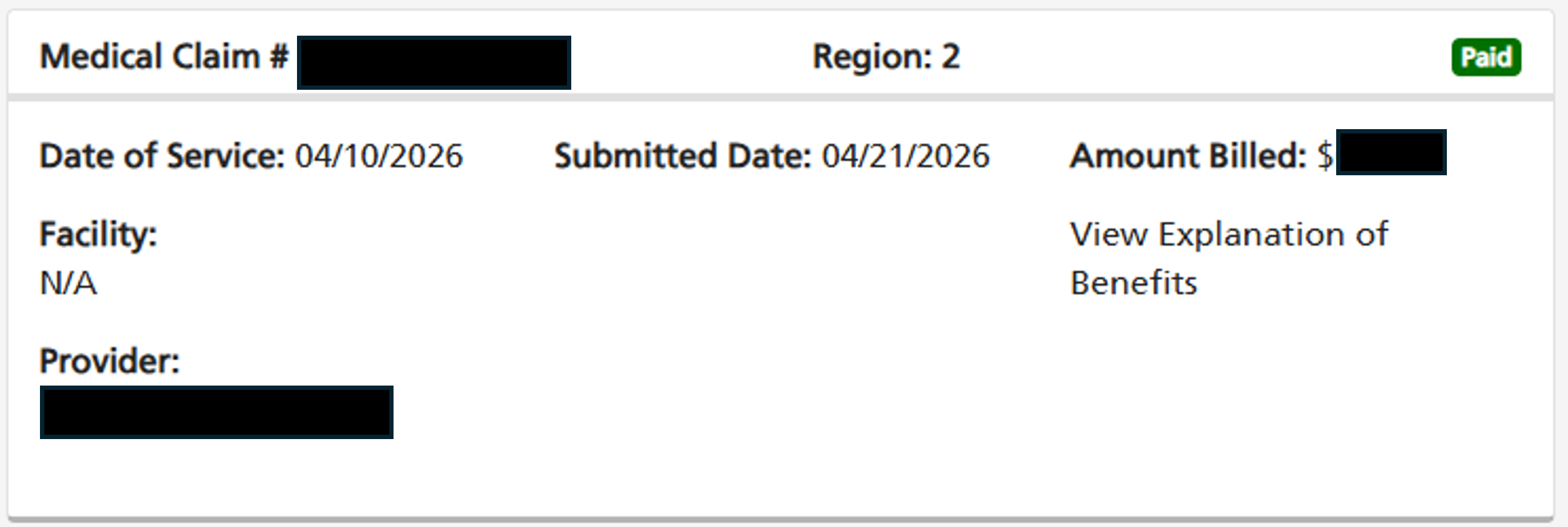 Medical claim document with redacted personal information.