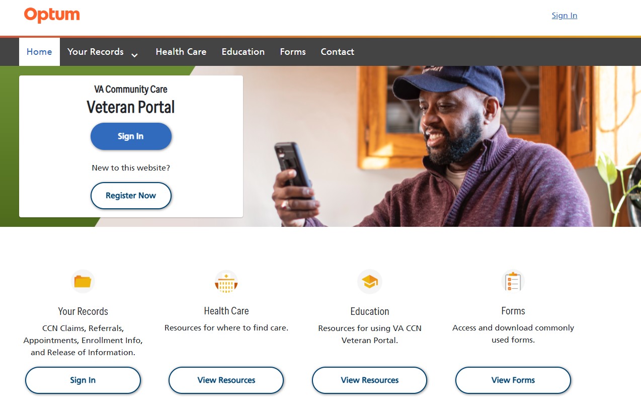 Man in cap holding phone with a "Veteran Portal" sign-up prompt.