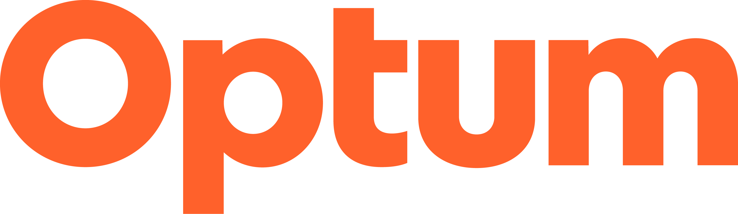 "Optum" in bold orange letters on black background, logo graphic.