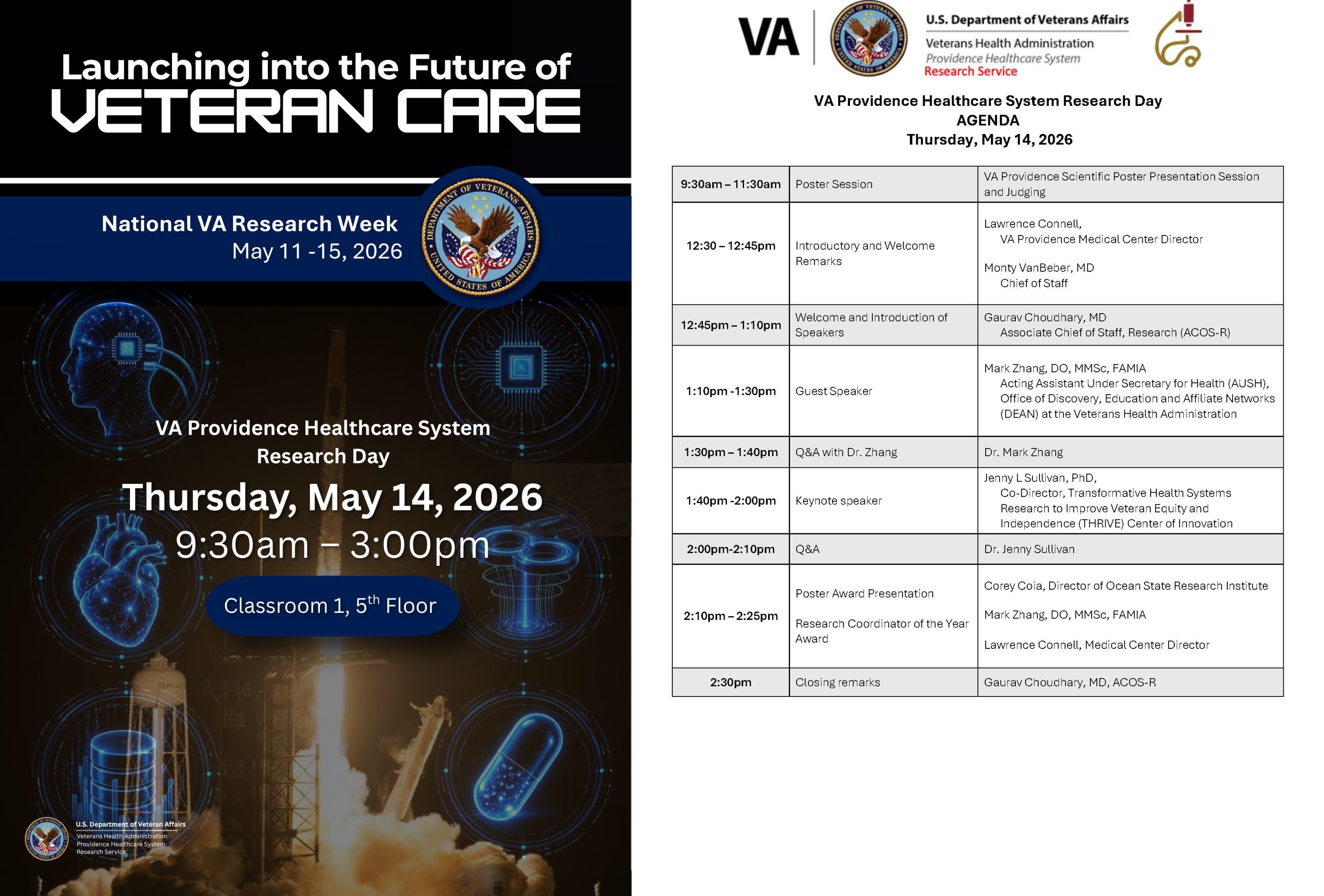 VA National Healthcare System Research Day poster and schedule for May 14, 2026.