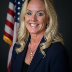Blonde woman in navy blazer and black top smiling with American flag behind her.