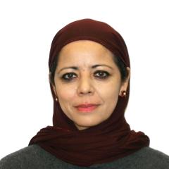 Portrait of a woman wearing a gray shirt and red hijab.