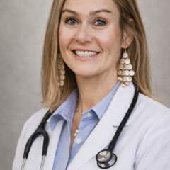 Female doctor in white lab coat with stethoscope around neck smiling at camera.
