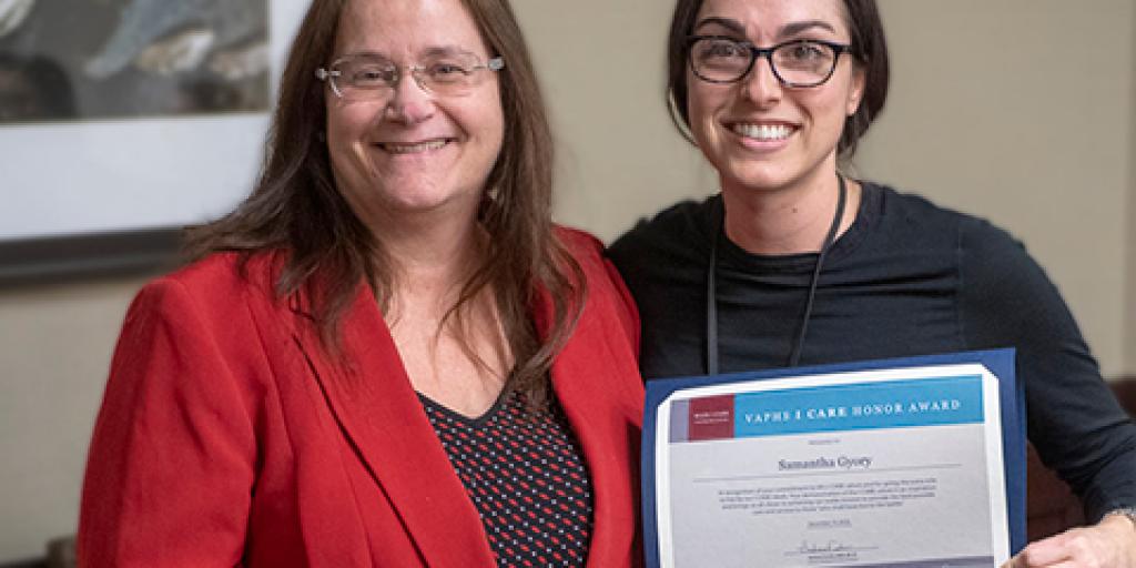 Interim Medical Center Director Barbara Forsha with I CARE Award winner Samantha Gyory