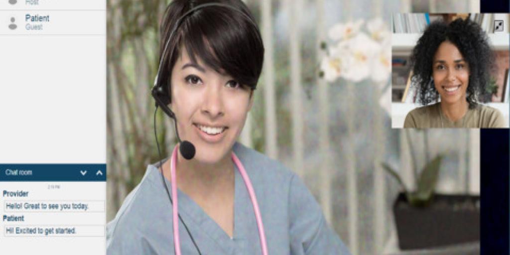 Medical worker is on screen conducting an online telehealth session. 