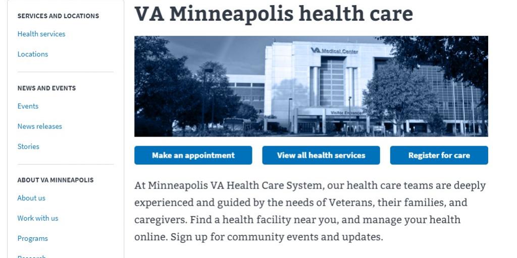 Minneapolis VA Health Care System website homepage screenshot