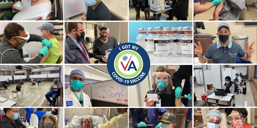 Collage of patients and staff getting vaccinated