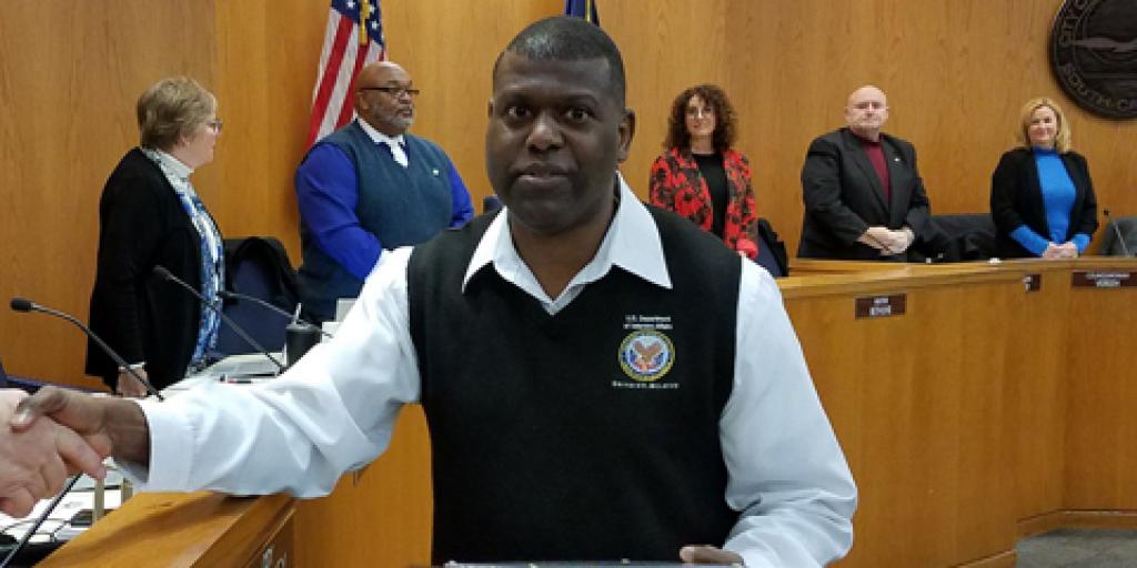 Bernard McLeroy, peer support specialist with the Myrtle Beach Community Based Outpatient Clinic’s Mental Health service, poses with his award from the Myrtle Beach City Council for his service to the community and Veterans. (Courtesy photo) 