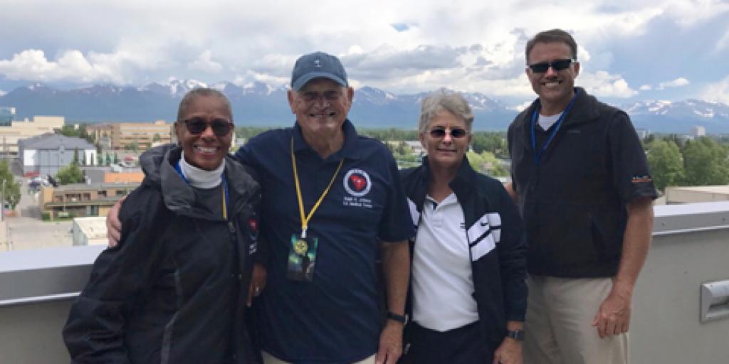 Team Charleston Veterans (left to right) Rae Carlers, Richard Ligon and Terry Stewart pose with their coach Physical Therapist Steve Giammona at the top of the Dena’ina Civic and Convention Center in Anchorage, Alaska, before their competitions at the 2019 National Veterans Golden Age Games in early June. (Photo by Meredith Hagen)
