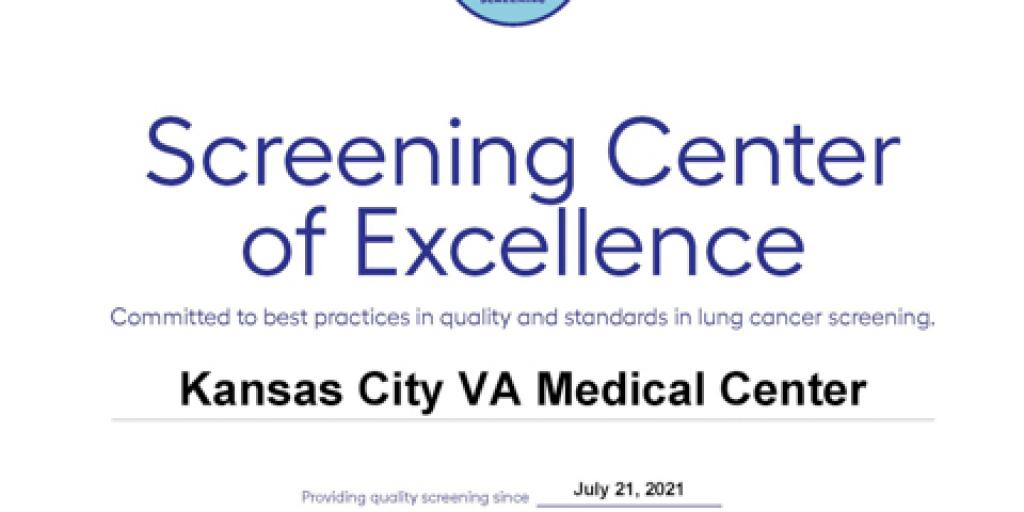 Kansas City VA Medical Center screening center of excellence certificate