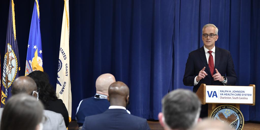 The Secretary of Veterans Affairs, Secretary Denis McDonough, addresses VA employees at the Ralph H. Johnson VA Health Care System during his first-year anniversary of being the Secretary of Veterans Affairs, February 9, 2022 at the RHJVAHCS main hospital in downtown Charleston, South Carolina.