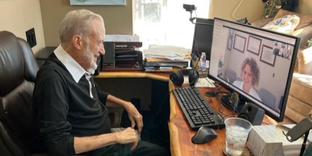 Veteran Bill Farmer chats with Dr. Mary Ellis via VA Video Connect