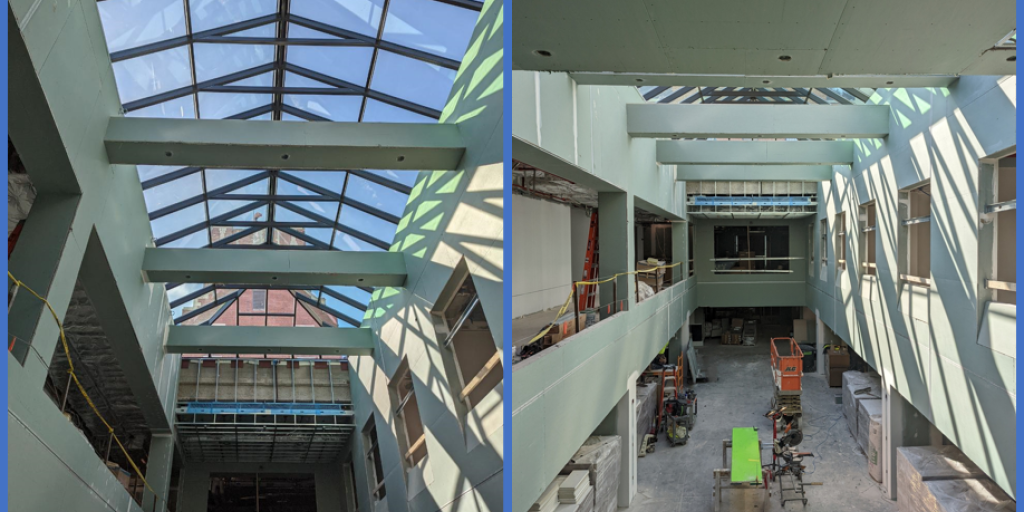 two pictures of a building under construction, sun shining through the skylight