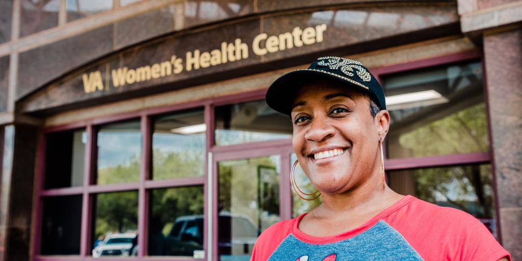 A Veteran stands in front of the Women’s Health Center at the Houston VA Medical Center. 