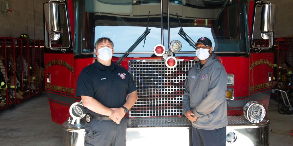 Firefighter Thomas Green and Fire Medic Anthony Williams assisted the Tallassee Fire Department in extinguishing a mobile home fire, ensuring the local community was safe. (Photo by Tramel Garrett, CAVHCS Public Affairs)