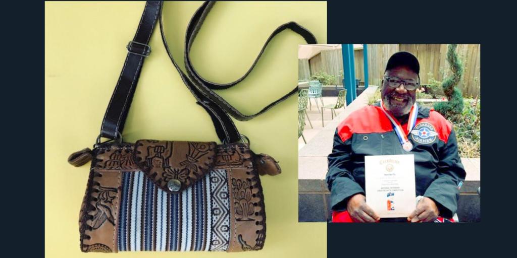 A photo collage of artwork and a Veteran holding an award certificatelace in the 2021 National Veterans Creative Arts Competition