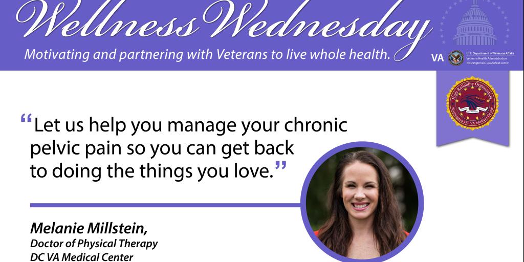Wellness Wednesday Graphic Featuring Melanie Millstein, a Doctor of Physical Therapy at the DC VA Medical Center.