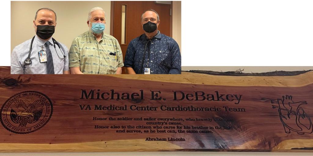 A photo of a Veteran with two VA doctors and a photo of a wooden sign.