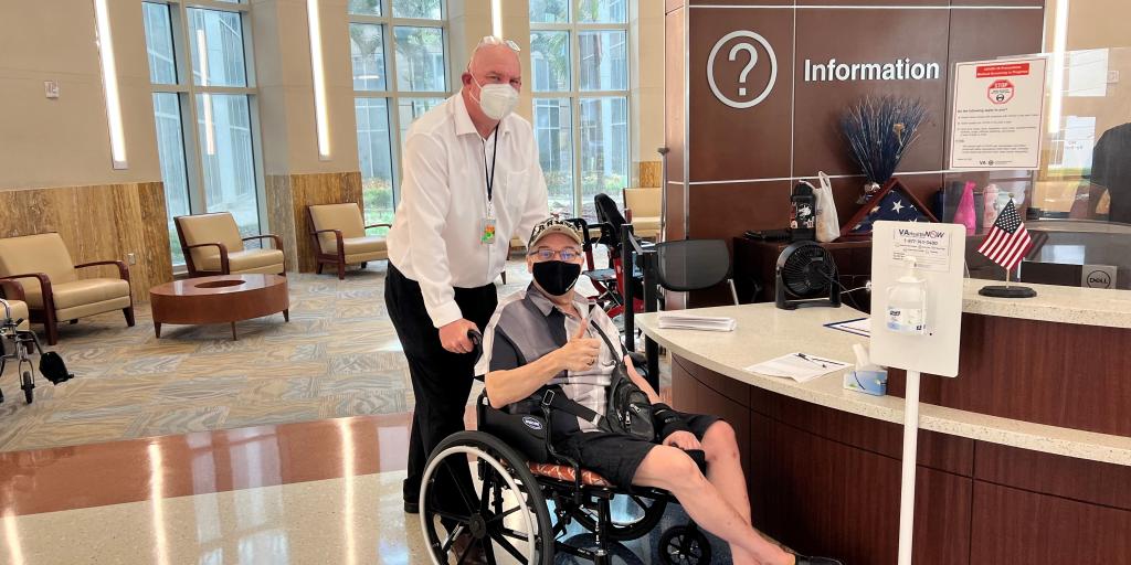 Pictured in photo: Patient Ambassador, Rudi Heinrich takes U.S. Army Veteran patient, Reinaldo Gonzalez to physical therapy appointment at the Orlando VA Medical Center in Lake Nona, Orlando Florida.