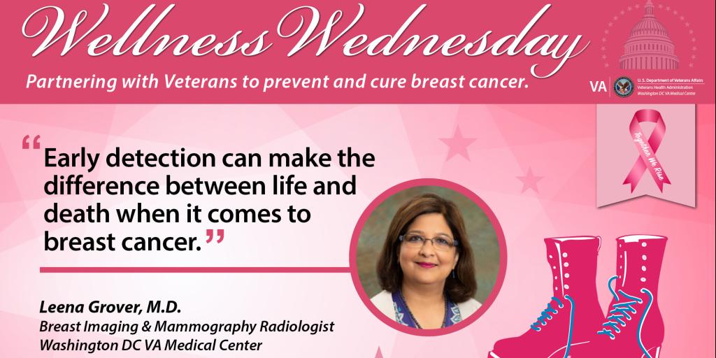Pink Wellness Wednesday Graphic in support of breast cancer awareness month. This graphic has a photo of Dr. Leena Grover, M.D., who is a breast imager and mammography radiologist at the Washington DC VA Medical Center. A quote from Dr. Grover reads: "Early detection can make the difference between life and death when it comes to breast cancer."