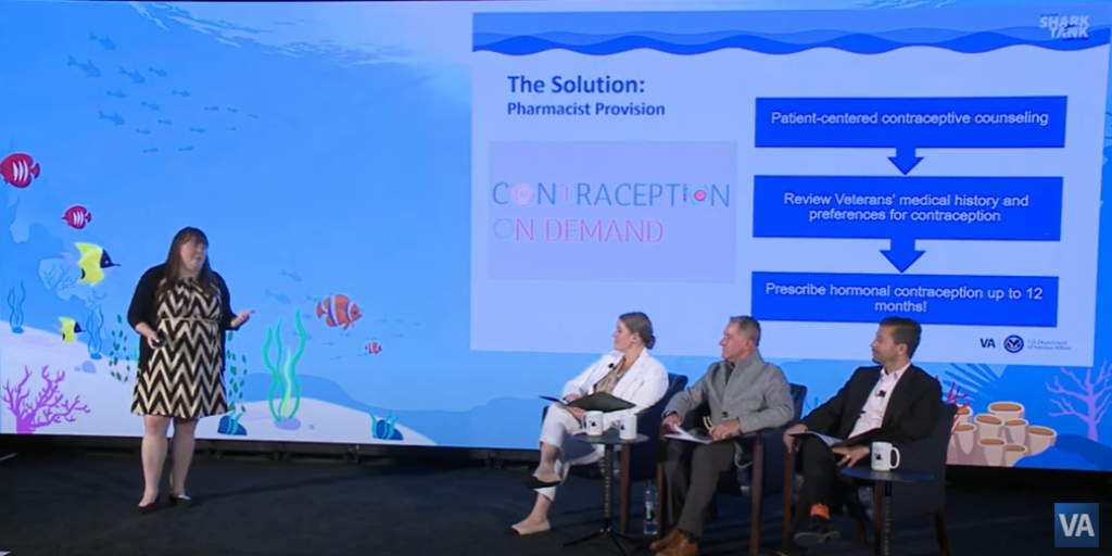 Deirdre Quinn, CHERP core investigator at VA Pittsburgh, pitches Contraception on Demand to VA sharks Brynn Cole, VHA innovation ecosystem management analyst, Leandro DaSilva, New England Center for Innovation excellence director, and Michael Kilmer, VISN 19 network director.
