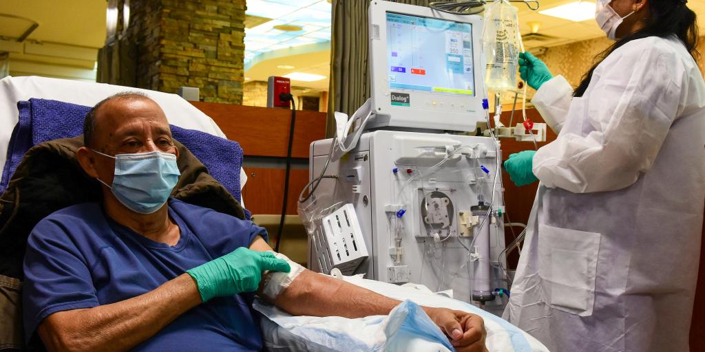 U.S. Marine Corps Veteran Richard Shea is tended to by Sheela George, and 8-year veteran RN in the VA North Texas Dialysis Clinic.