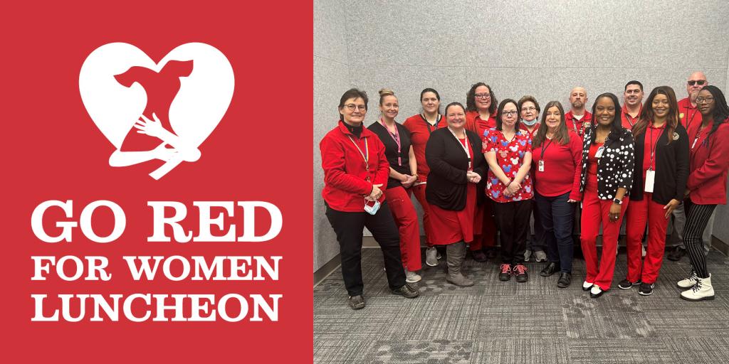 Women wearing red in support of Go Red for Women's heart health.