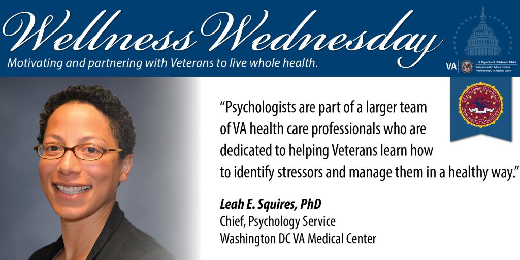 Washington DC VA Medical Center Chief of Psychology Service, Leah E. Squires, PhD, smiles in front of a grey photo backdrop in an official portrait. Squires is the subject matter expert featured in this week's Wellness Wednesday article about Stress Management and Counseling Resources at VA.