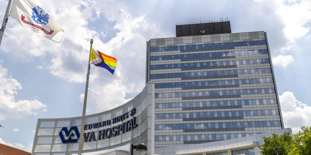 Edward Hines Jr. VA Hospital held its first Pride flag raising ceremony on June 1. The flag will remain throughout June to mark Pride Month and honor the contributions of LGBTQ+ Veterans, staff and community members. (VA photo by Louis Washkowiak, Edward Hines Jr. VA Hospital Media Services)