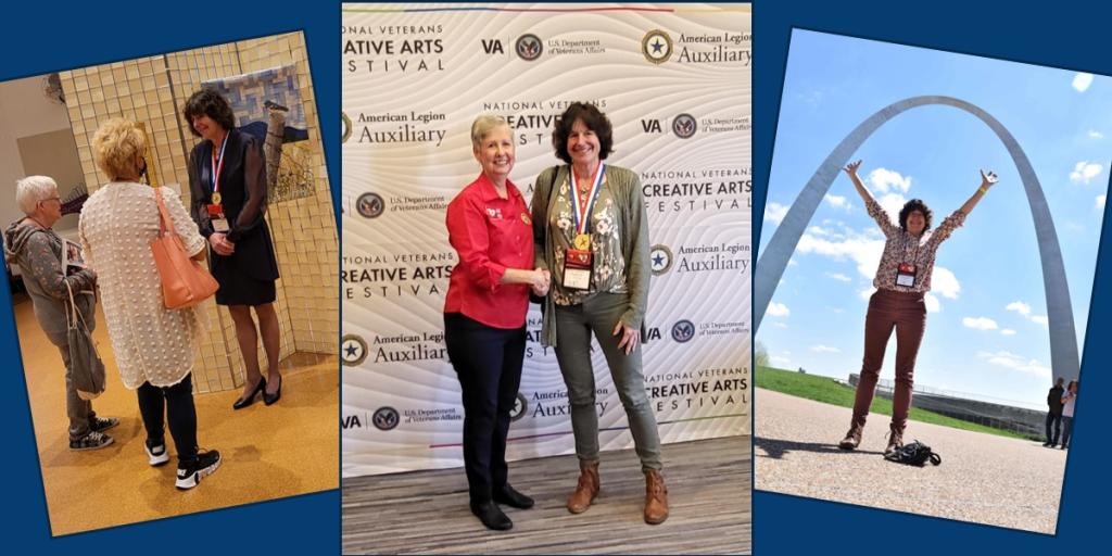 American Legion Auxiliary National President Vickie Koutz congratulates Wyoming Veteran Deb Zelenak at the 2023 National Veterans Creative Arts Festival in St. Louis, Mo.