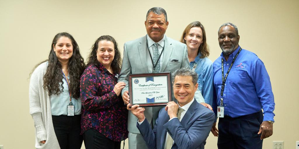 Steven Strong, center, poses for a photo with colleagues after being named Salisbury VA Health Care System's Peer Specialist of the Year.