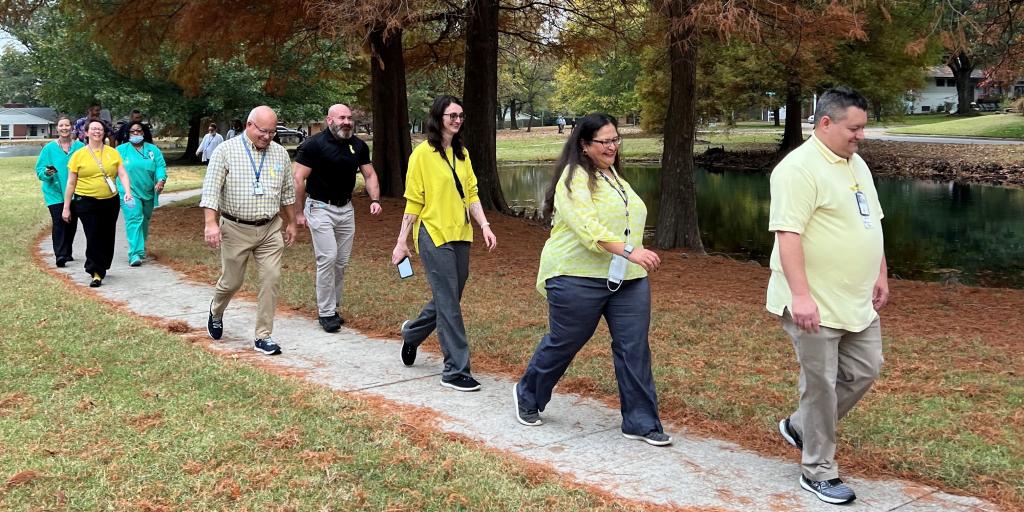 Muskogee VA Staff participate in the Whole Health Veterans Week Walk, a 2-kilometer walk to honor Veterans and promote the benefits of Whole Health. 