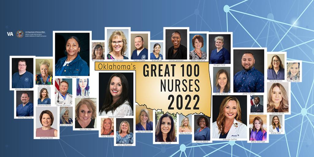 portraits of the 33 nurses from VA Eastern OK health care system surround the shape of Oklahoma.