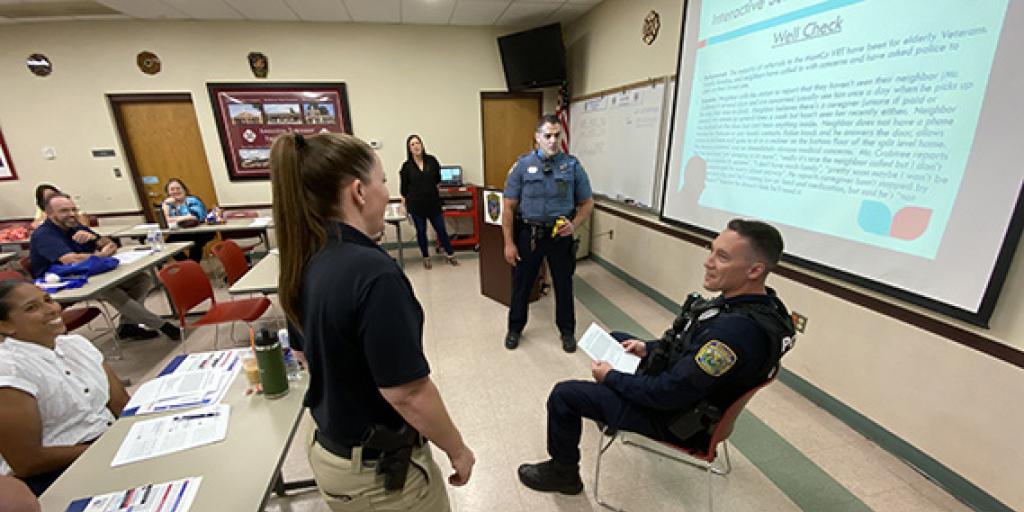 Veterans Response Team (VRT) trainers and trainees from Montgomery County on June 8, 2022, conducting scenario training designed to help them connect with Veterans in times of crisis.