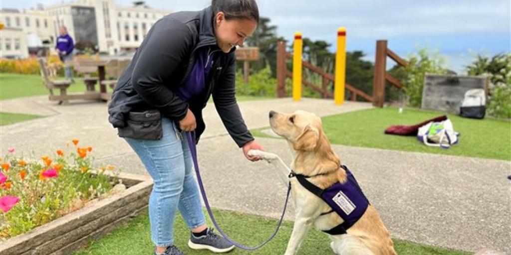 Oakley gives lead trainer Megan Frank his paw.